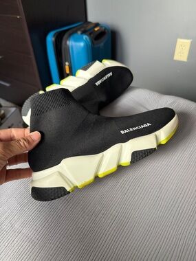 Balenciaga Black Sock Runner Sneakers with Cream Soles and Neon Yellow Accents
